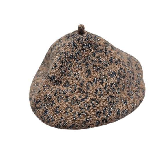 Fonem Leopard Print Beret Hat Wool Blend Brown Black Sparkle Knit - Picture 1 of 6